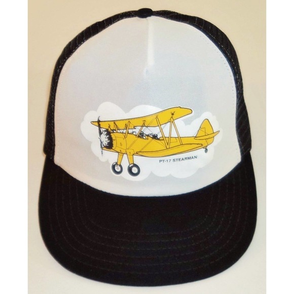 PT-17 Stearman Biplane Airplane Snap Back Trucker Hat Cap Mesh Yellow and Black - Picture 2 of 11